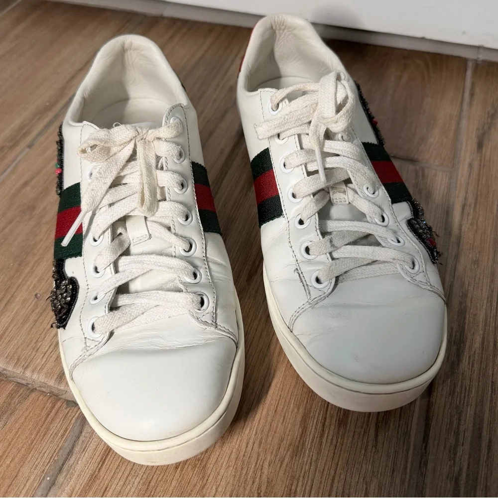 Gucci Ace Embellished Arrow Leather Sneakers White Size 36.5